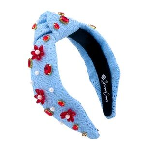 BRIANNA CANNON ADULT SIZE POWDER BLUE CROCHET HEADBAND WITH RED FLOWERS PEARLS